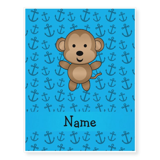 Personalized name monkey blue anchors pattern temporary tattoos (Front)