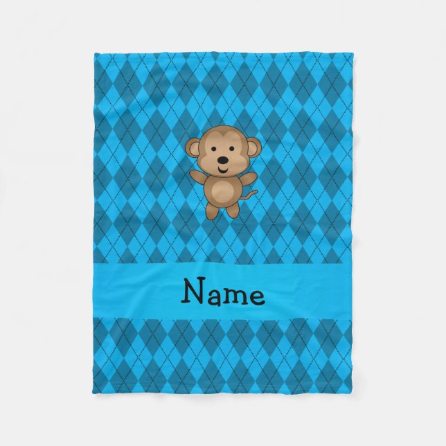 Personalized name monkey blue argyle fleece blanket (Front)