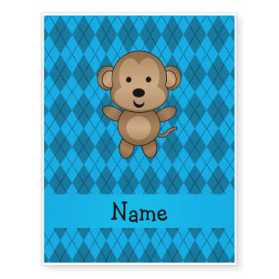 Personalized name monkey blue argyle temporary tattoos