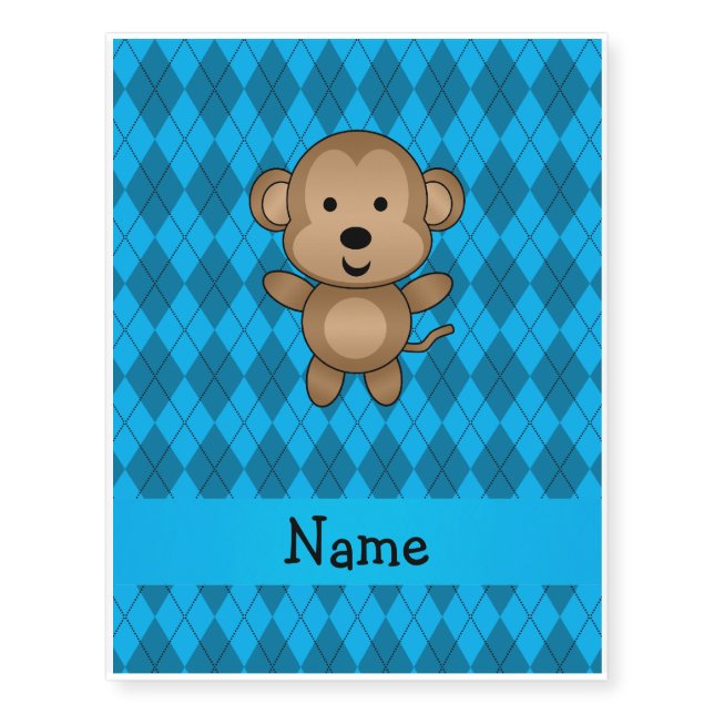 Personalized name monkey blue argyle temporary tattoos (Front)