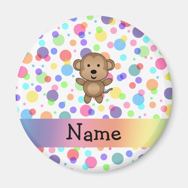 Personalized name monkey rainbow polka dots magnet (Front)