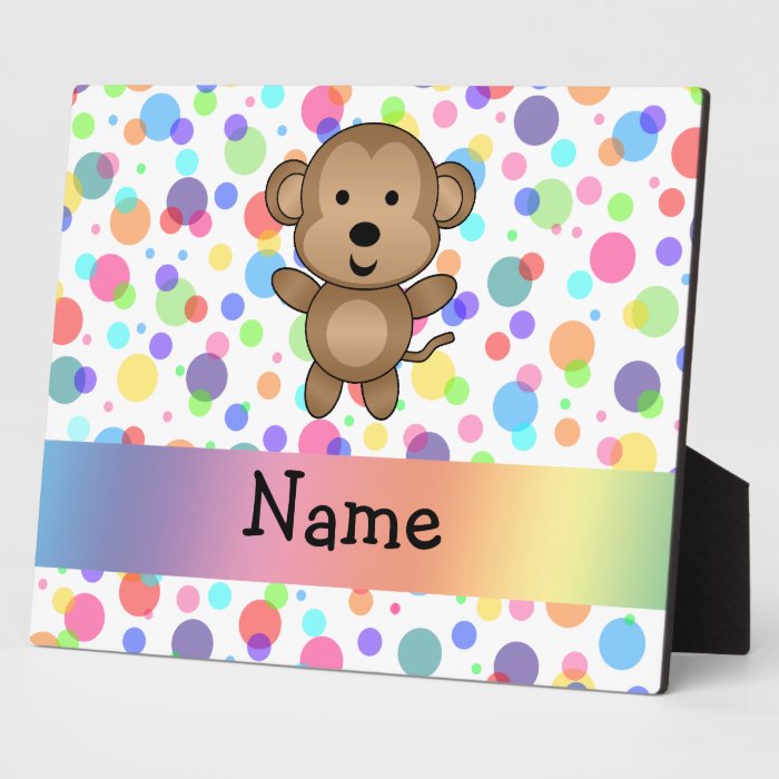Personalized name monkey rainbow polka dots photo plaque