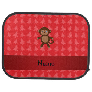 Personalized name monkey red christmas trees car floor mat