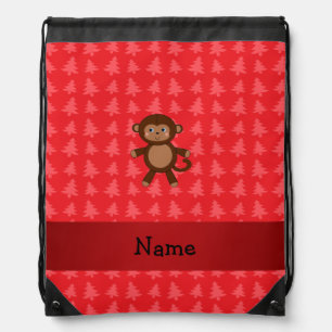 Personalized name monkey red christmas trees drawstring bag