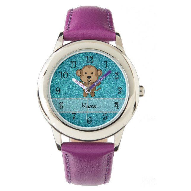Personalized name monkey turquoise glitter watch (Front)