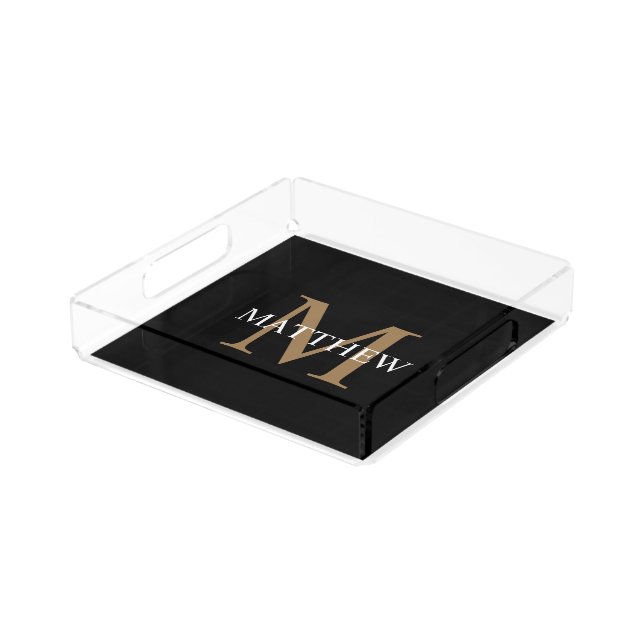 Personalized Name Monogram Black Acrylic Tray (Angled)