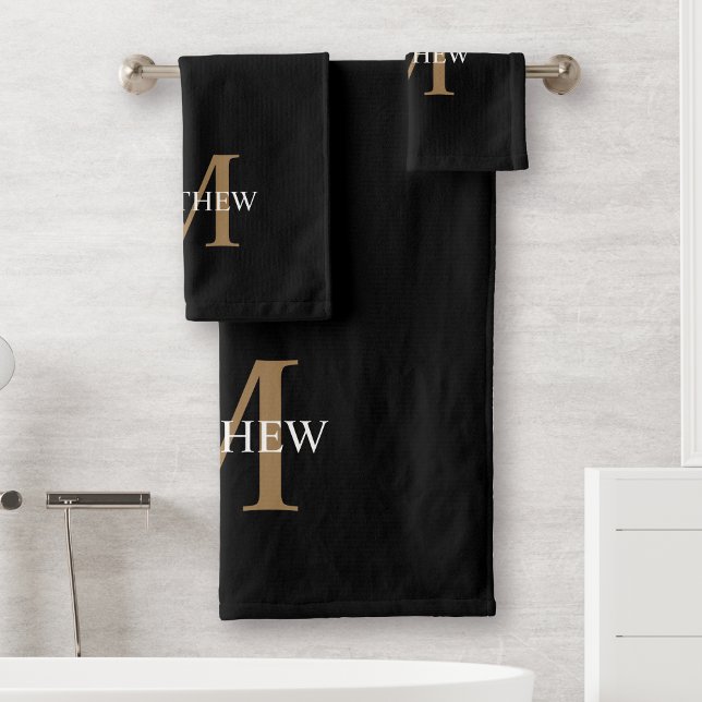 Personalized Name Monogram Black Bath Towel Set (Creator Uploaded)
