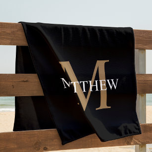 Personalized Name Monogram Black Beach Towel