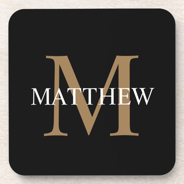 Personalized Name Monogram Black Beverage Coaster (Front)