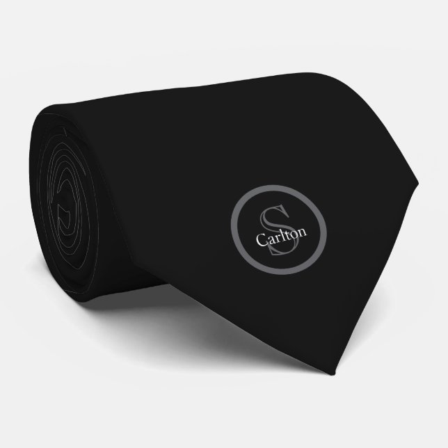 Personalized Name Monogram Black Charcoal Gray Neck Tie (Rolled)