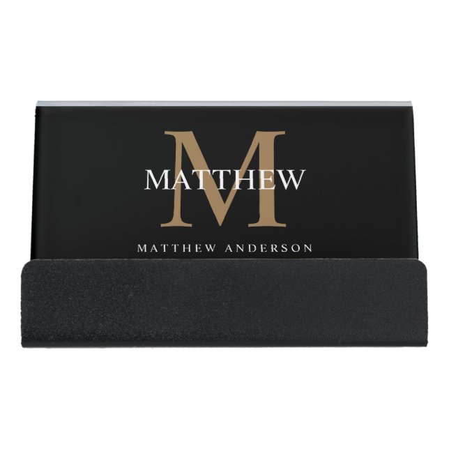 Personalized Name Monogram Black Desk Business Card Holder (Front)