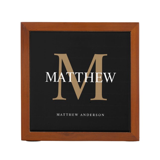 Personalized Name Monogram Black Desk Organizer (Front)