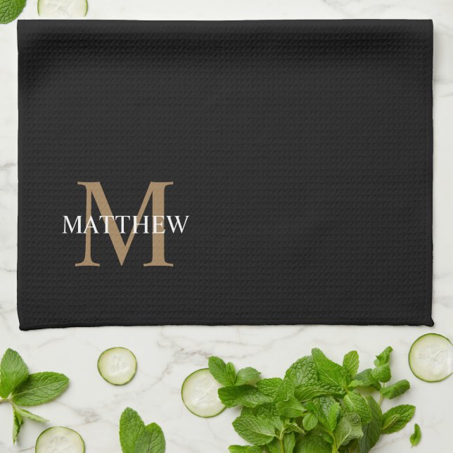 Personalized Name Monogram Black Kitchen Towel (Folded)