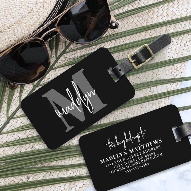Personalized Name Monogram Black Luggage Tag (Black Elegant Monogram Name Luggage Tag )