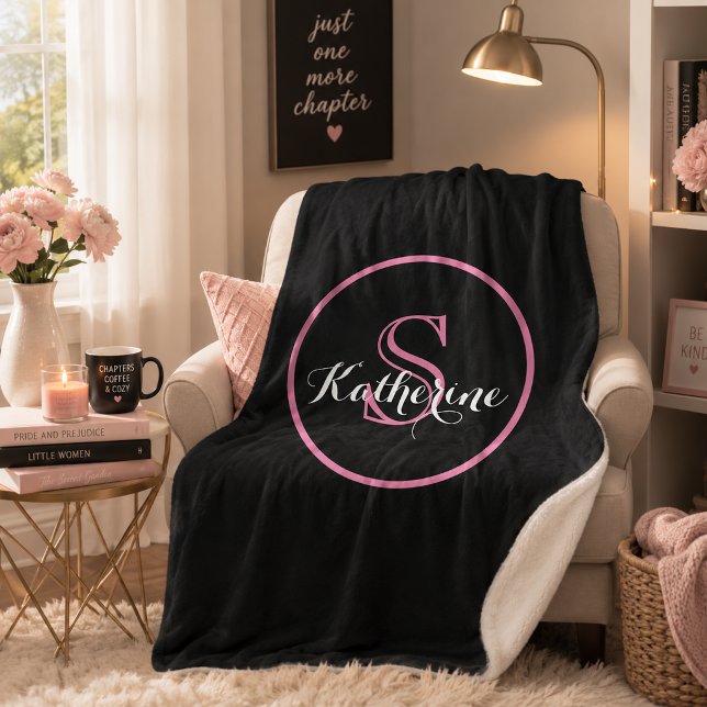 Personalized Name Monogram Black Pink Sherpa Blanket (Creator Uploaded)