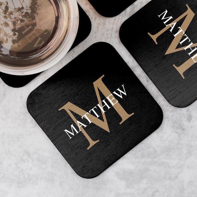 Personalized Name Monogram Black Square Paper Coaster (Creator Uploaded)
