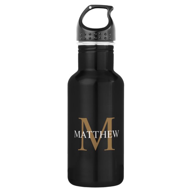 Personalized Name Monogram Black Stainless Steel Water Bottle (Front)