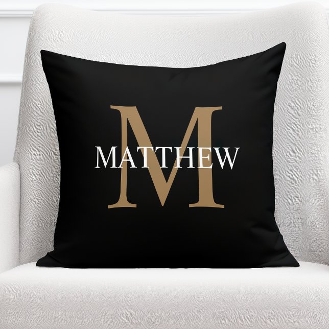 Personalized Name Monogram Black Throw Pillow (Creator Uploaded)