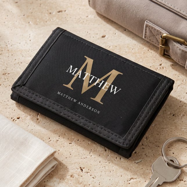 Personalized Name Monogram Black Tri-fold Wallet (Creator Uploaded)