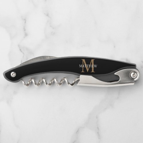 Personalized Name Monogram Black Waiters Corkscrew