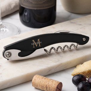 Personalized Name Monogram Black Waiter's Corkscrew