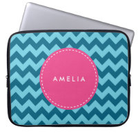 Personalized Name Monogram Blue Chevron Laptop Sleeve