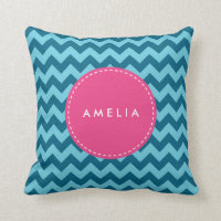Personalized Name Monogram Blue Chevron Throw Pillow