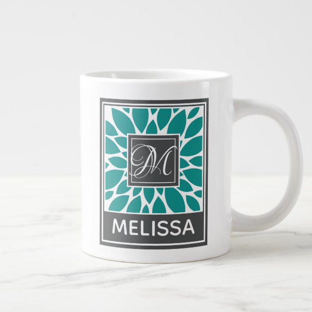 Personalized Name & Monogram Blue Flower Giant Coffee Mug (Right)