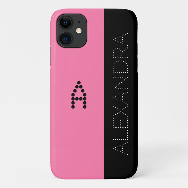 Personalized Name & Monogram Chic Font Pink Black Case-Mate iPhone Case (Back)