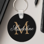 Personalized Name Monogram Elegant Black Gold Keychain<br><div class="desc">Create your own personalized black round keychain with your custom calligraphy script name and monogram.</div>