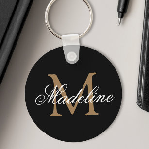 Personalized Name Monogram Elegant Black Gold Keychain