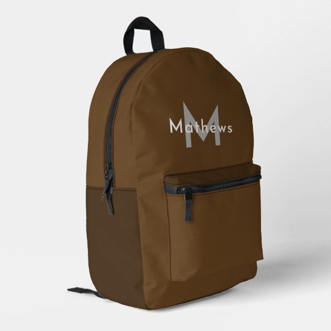 Personalized Name Monogram Elegant Simple Brown Printed Backpack (Back Corner Left)