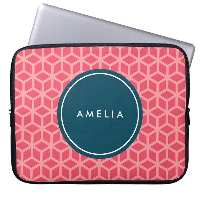 Personalized Name Monogram Geometric Pink Laptop Sleeve (Front)