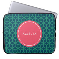 Personalized Name Monogram Geometric Teal Laptop Sleeve