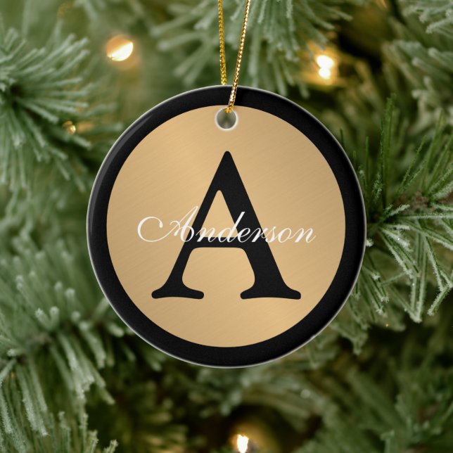 Personalized Name Monogram Gold Metallic Button  Ceramic Ornament (Tree)