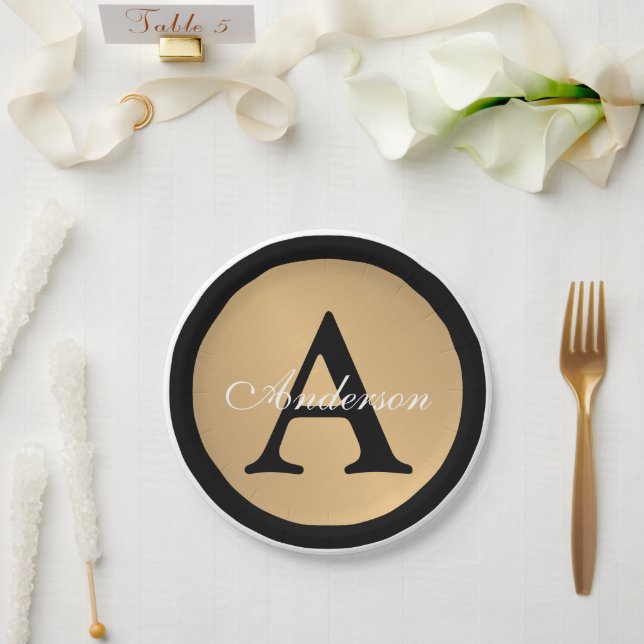 Personalized Name Monogram Gold Metallic Button  Paper Plates (Wedding)