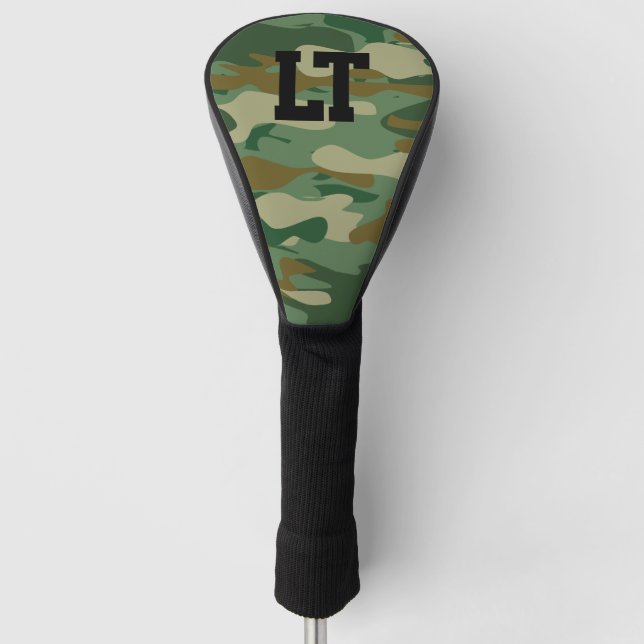 Personalized name monogram green army camo golf head cover (Front)