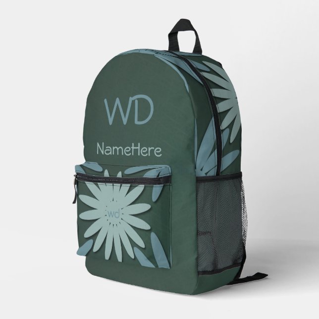 Personalized Name Monogram Green Blue Flowers Printed Backpack (Back Corner Right)