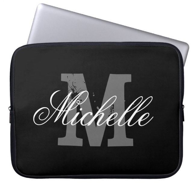 Personalized name monogram laptop sleeve | Black (Front)