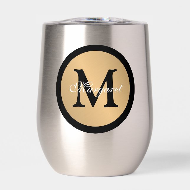 Personalized Name Monogram Metallic Button Cutout Thermal Wine Tumbler (Front)
