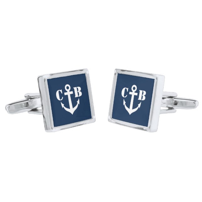 Personalized name monogram nautical anchor square cufflinks (Angled)