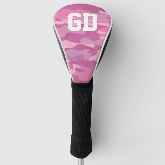 Personalized name monogram pink army camo golf head cover (Front)