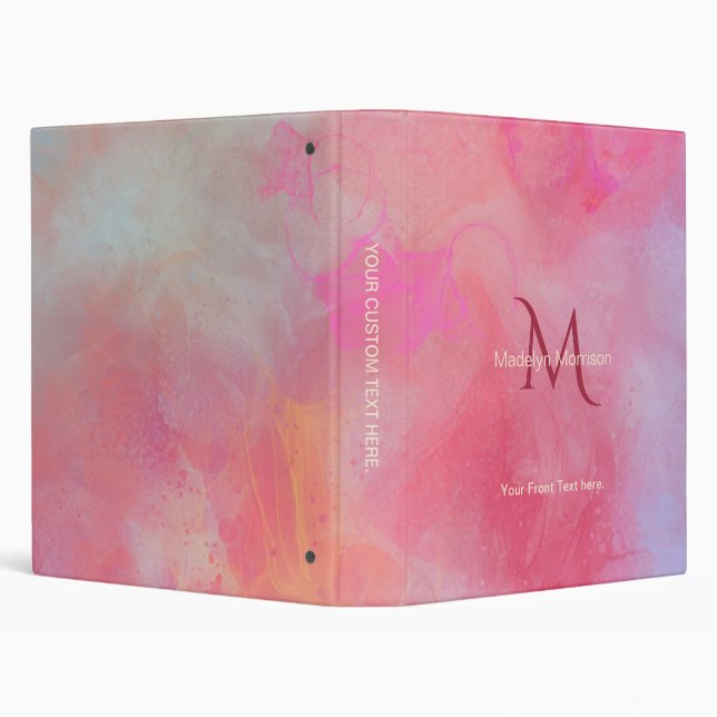 Personalized Name + Monogram Pink Watercolor Ink 3 Ring Binder (Background)