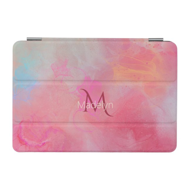 Personalized Name + Monogram Pink Watercolor Ink iPad Mini Cover (Horizontal)