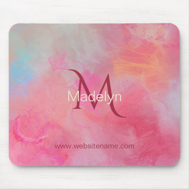 Personalized Name + Monogram Pink Watercolor Ink Mouse Pad (Front)