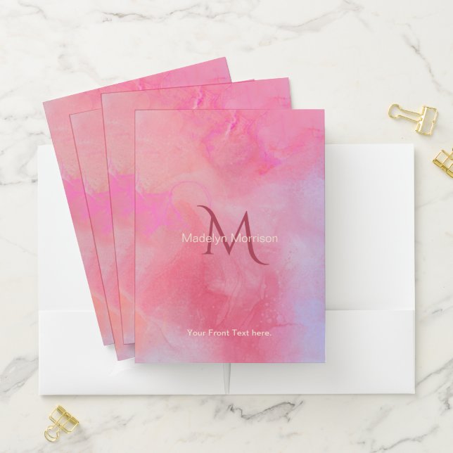 Personalized Name + Monogram Pink Watercolor Ink Pocket Folder (In Situ)