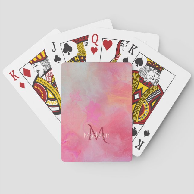 Personalized Name + Monogram Pink Watercolor Ink Poker Cards (Back)