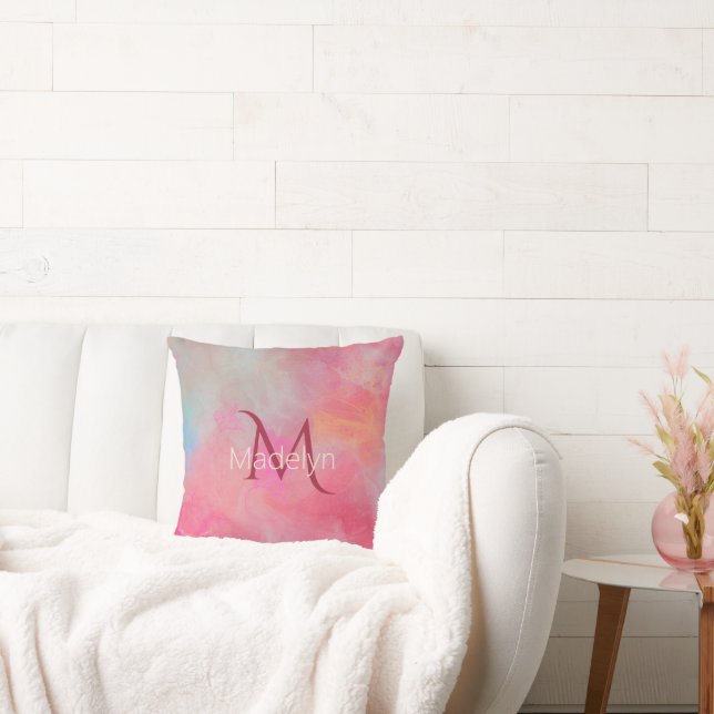 Personalized Name + Monogram Pink Watercolor Ink Throw Pillow (Couch)