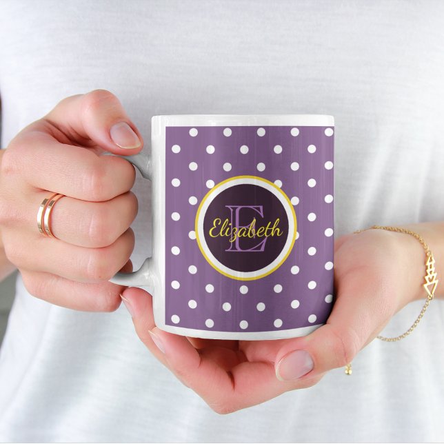 Personalized Name & Monogram Purple Polka Dot Coffee Mug (Creator Uploaded)