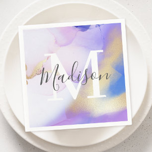 Personalized Name Monogram Purple Watercolor Glam Napkins